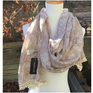 Taupe Paisley Tiny Pompoms Ready To Wear Scarf
